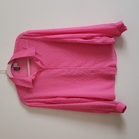 H&M Barbie pink swiss dot long sleeve semi sheer button down blouse. Wom… - Picture 1 of 7